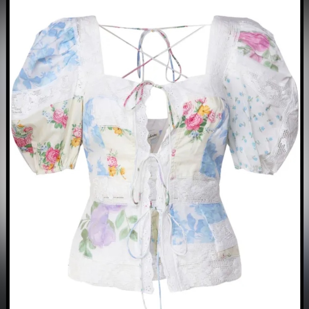 For Love & Lemons Violette Blouse White Lace Puff Sleeve Floral Top